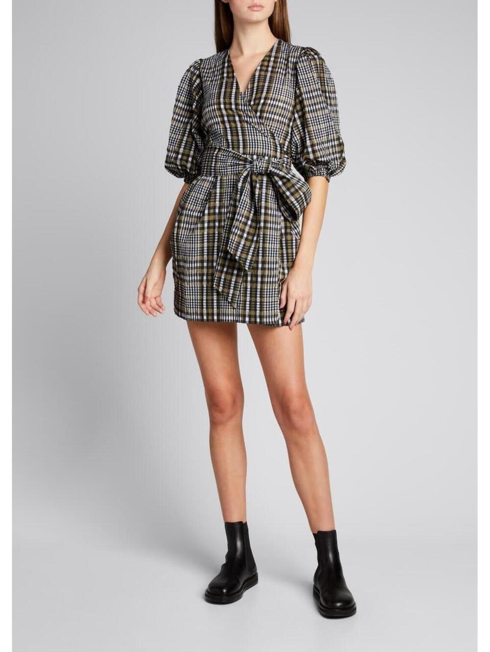 Ganni Checked Cotton-blend Seersucker Mini Wrap Dress si ze 10 EUC
